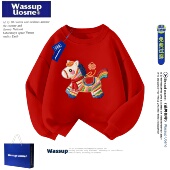 WASSUP马年红色圆领卫衣秋冬季 男女童本命年拜年服马年刺绣上衣