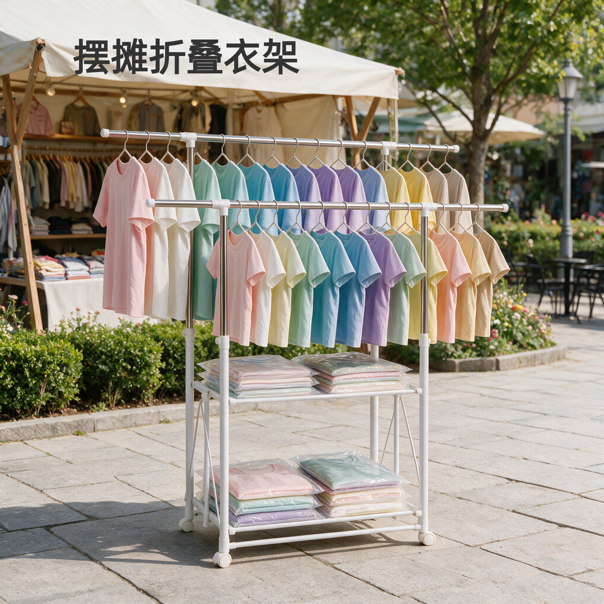 夜市摆摊折叠晾衣架落地双杆伸缩图片