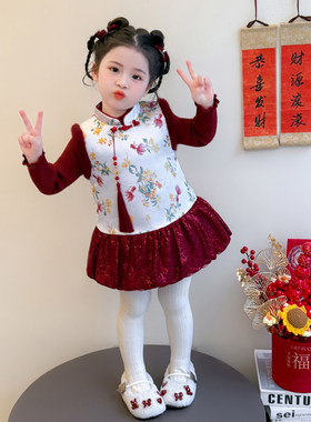 英国KABEI TREE儿童红色连衣裙套装秋冬季新年拜年服新款中式国风