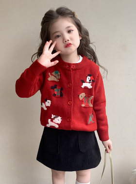 英国KABEI TREE红色毛衣女童开衫冬季加厚洋气时髦秋冬新年拜年服