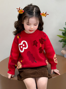 英国KABEI TREE拜年服女童毛衣秋冬季保暖新年喜庆红色针织过年服