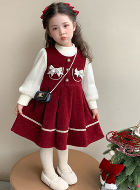 英国KABEI TREE女童红色连衣裙冬春秋季公主风新年过年加绒裙子