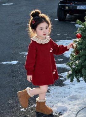 英国KABEI TREE女童红色连衣裙冬季新年喜庆过年公主风保暖毛衣裙