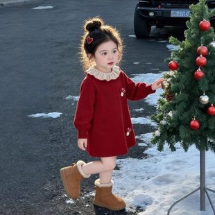 英国KABEI TREE女童红色连衣裙冬季新年喜庆过年公主风保暖毛衣裙