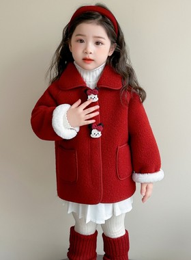 英国KABEI TREE女童红色双面呢大衣外套冬季加绒加厚保暖呢子大衣