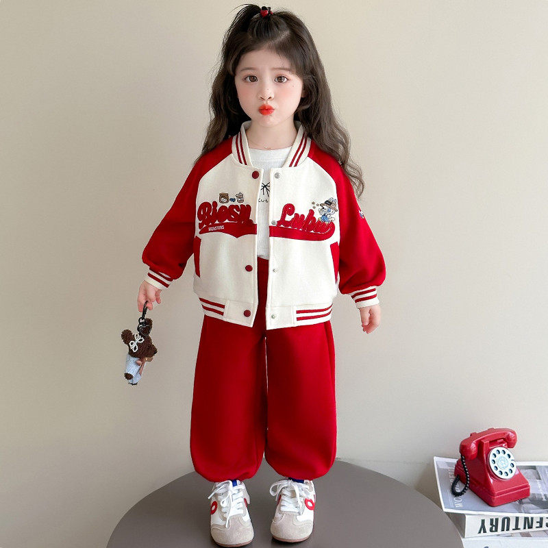 英国KABEI TREE女童套装春秋季超好看红色休闲运动棒球服两件套