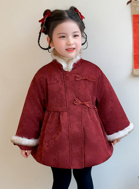 英国KABEI TREE女童棉服红色冬季加绒加厚中长款保暖外套超好看