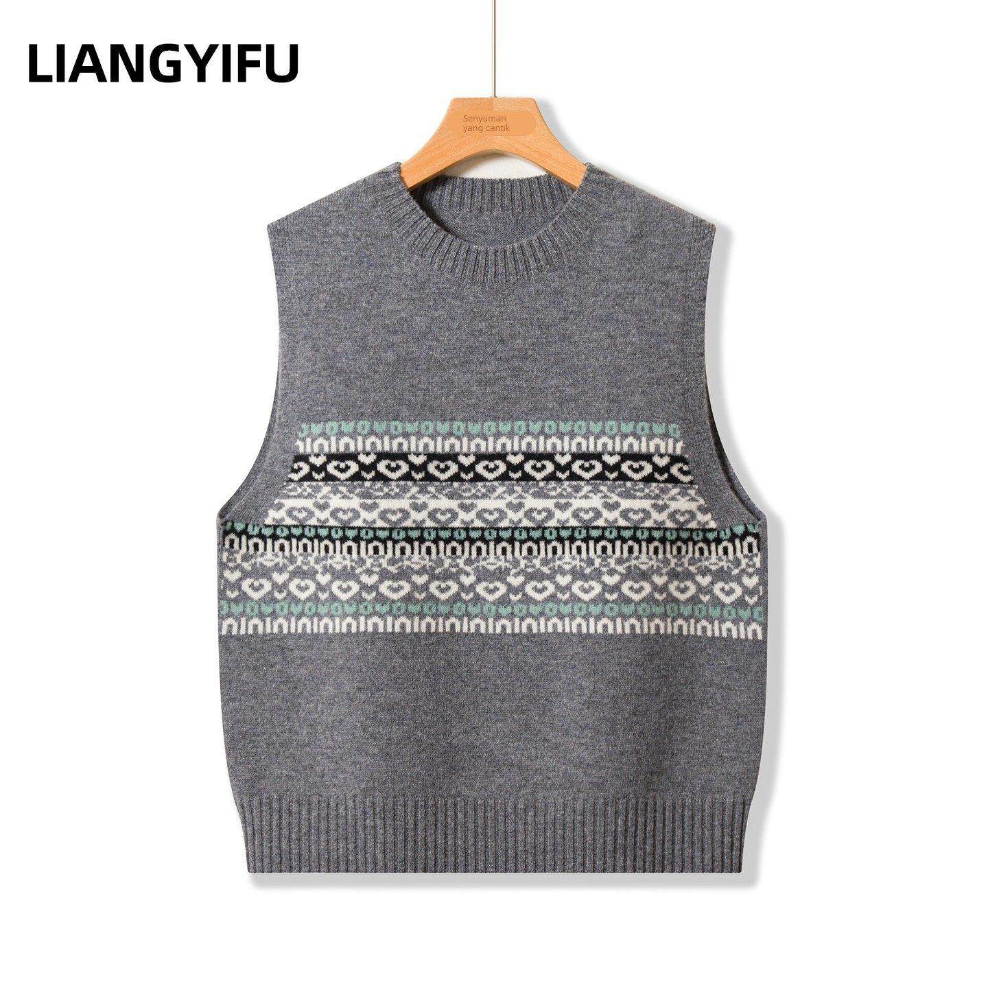 2025春秋新款圆领提花洋气女士毛衣背心叠穿无袖羊毛针织马甲坎肩