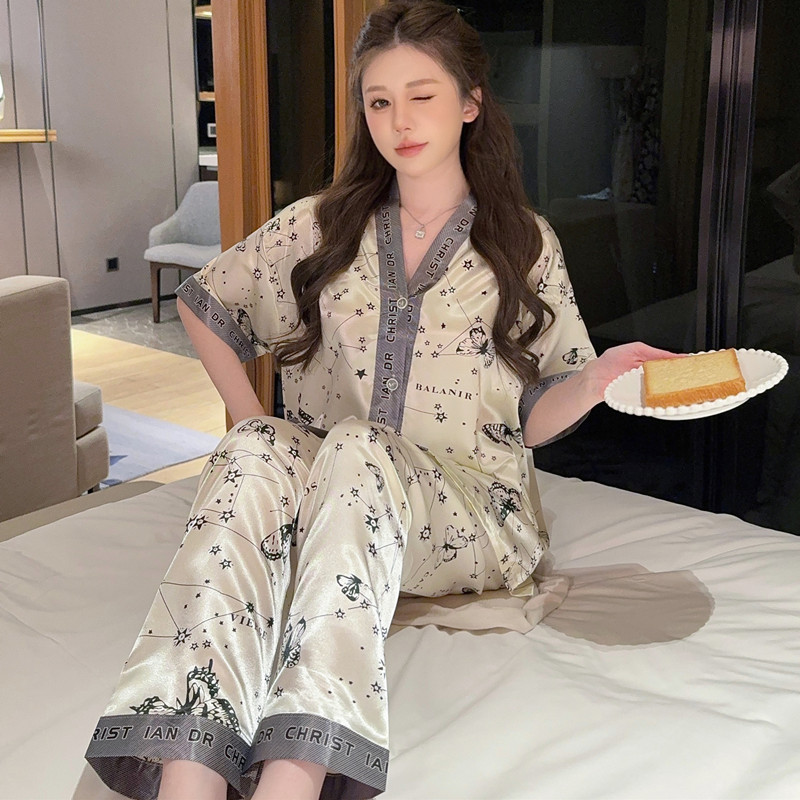 蝴蝶冰丝睡衣女高级感短袖长裤两件套网红爆款气质女人家居服套装