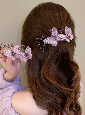 紫色刺绣双蝴蝶发夹高级感精致发饰发卡夹子头饰刘海夹弹簧夹头饰
