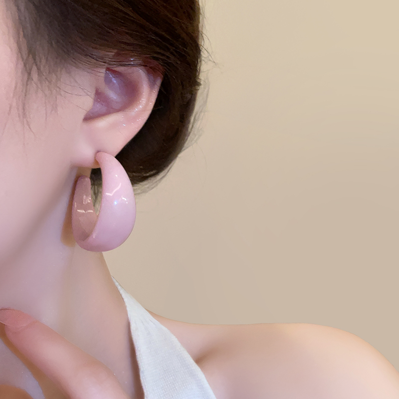 复古港风粉色C型耳环女2025新款