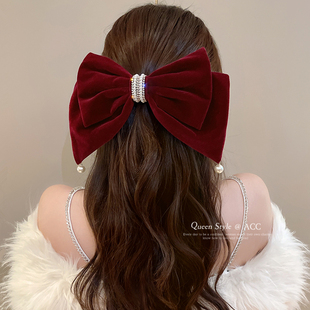 黑色丝绒超大蝴蝶结珍珠发夹女后脑勺顶夹发卡高级感气质头饰发饰