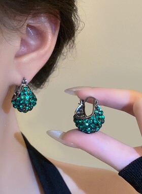 轻奢高级感绿色镶钻提篮耳环小众设计感气质百搭耳扣法式满钻耳饰
