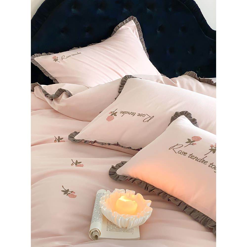 秋冬季少女心粉色玫瑰花刺绣加厚全棉磨毛四件套纯棉床单被套床品