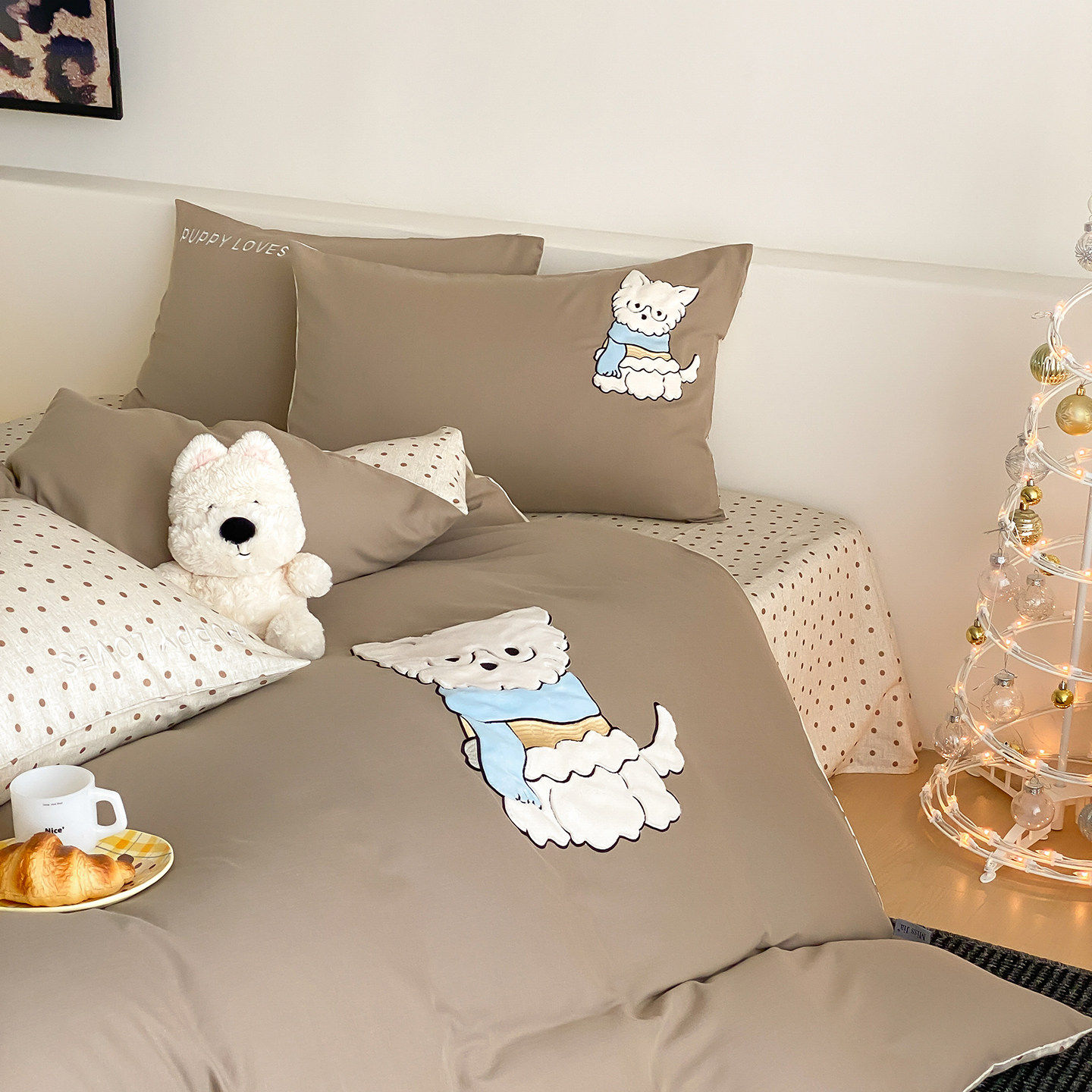 ins可爱卡通波点小灰狗全棉双层纱布四件套纯棉床单被套床上用品4,床上用品,床品套件/四件套/多件套,淘宝优惠券,粉丝福利购,淘宝优惠卷