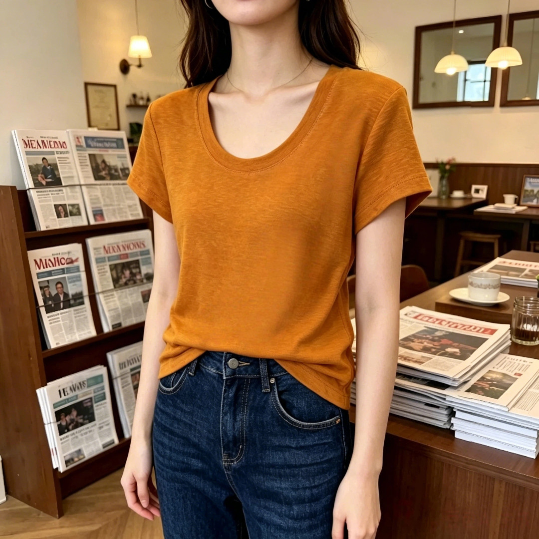 夏季新款大码南瓜桔U领正肩显瘦短袖t恤女薄款小个子时尚百搭上衣