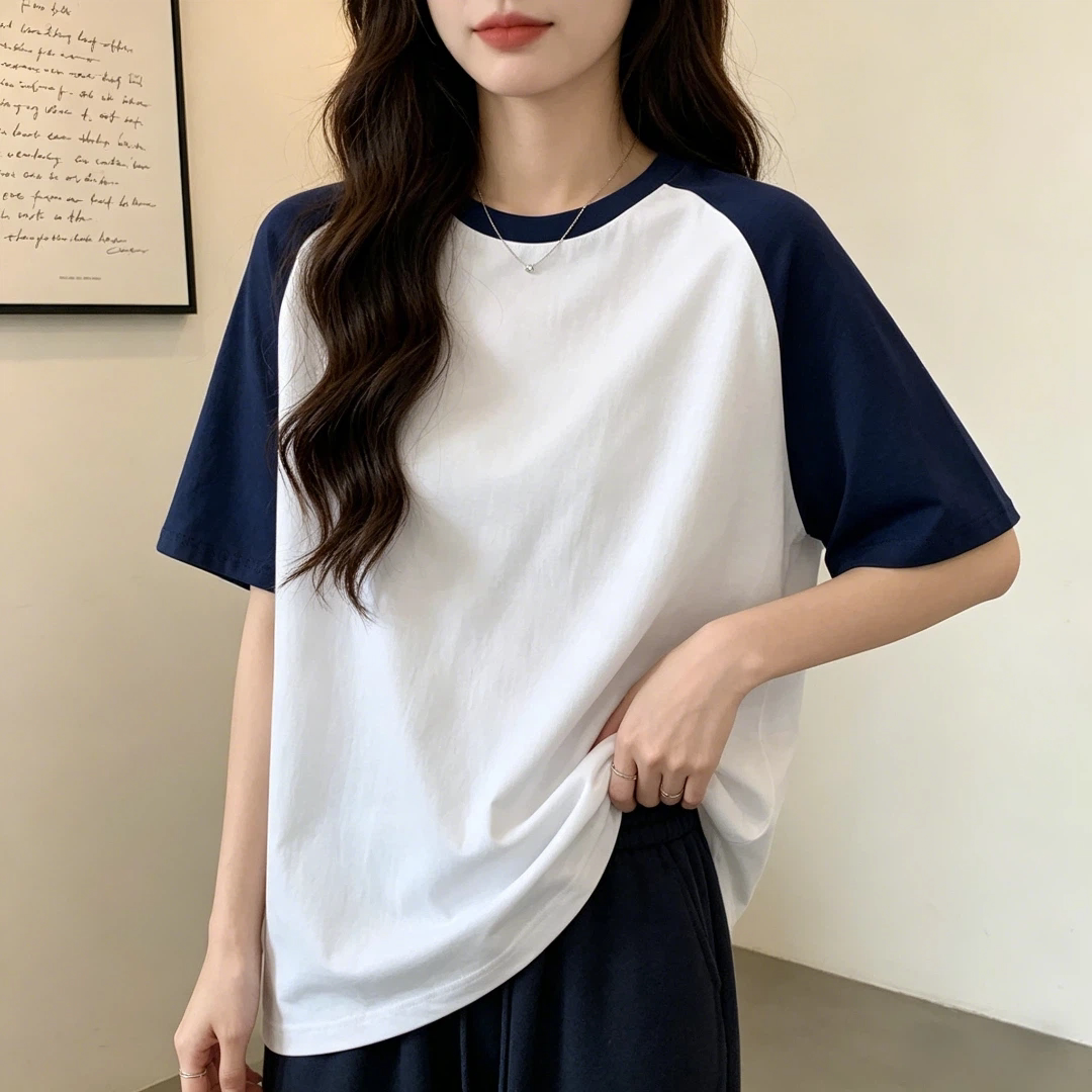 新款慵懒风T恤女设计感韩系休闲大码纯棉短袖t恤学院风百搭上衣