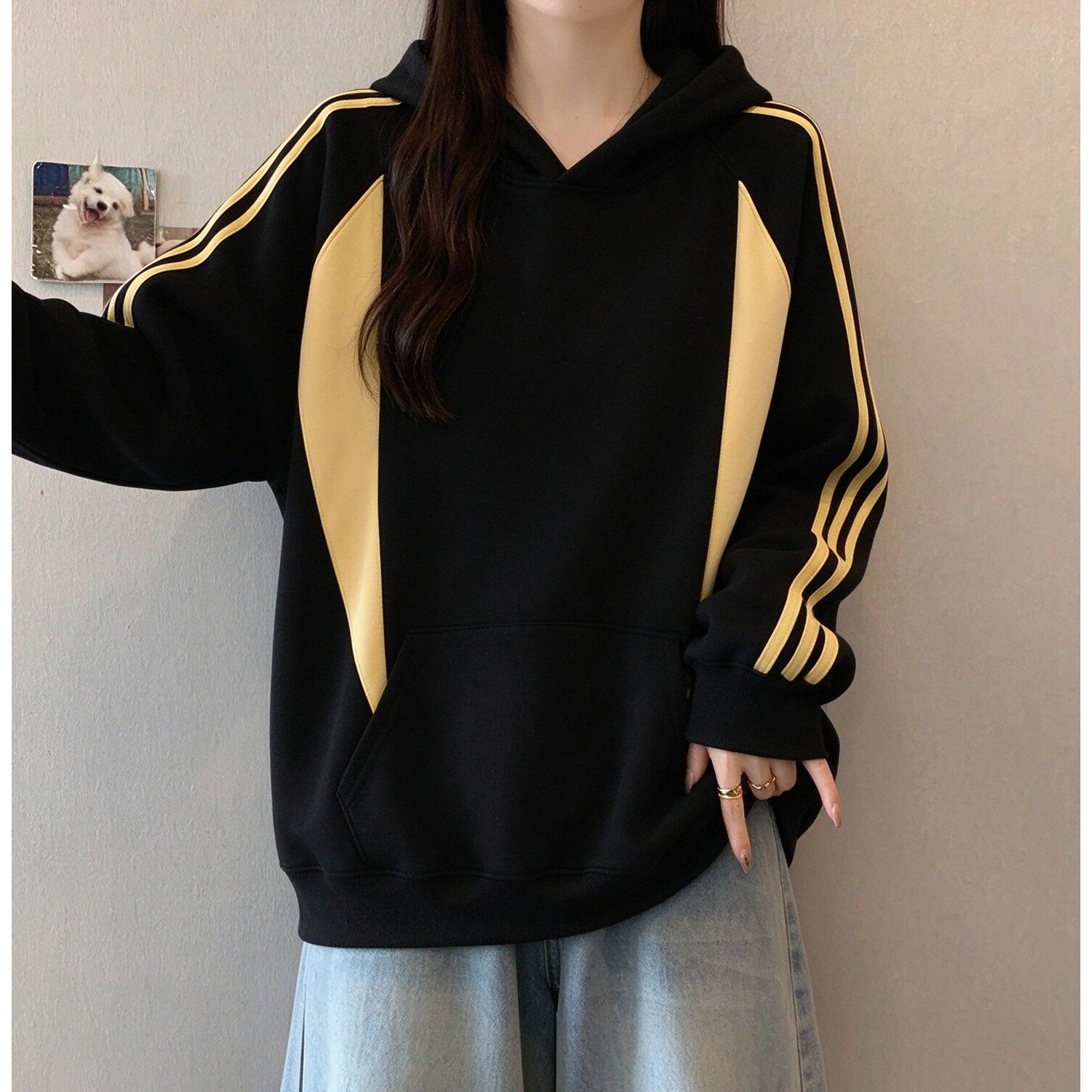 韩系穿搭加绒连帽拼接卫衣女秋冬季大码设计感袋鼠兜宽松显瘦上衣