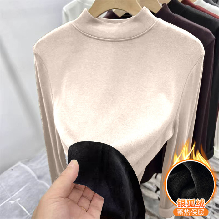 韩系加绒加厚半高领T恤秋冬银狐绒大码修身内搭显瘦长袖打底上衣