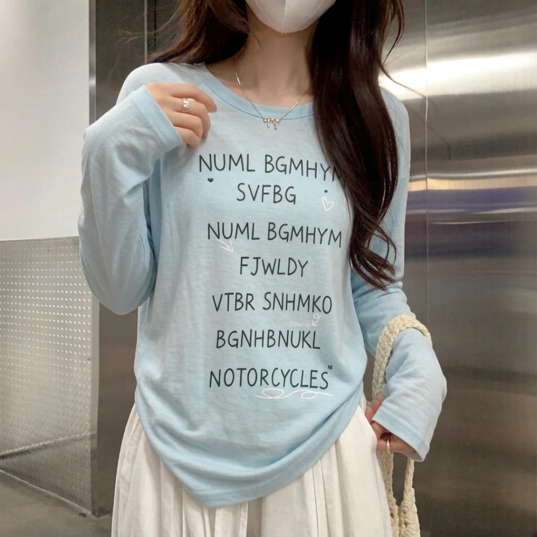 夏季新款蓝色薄款长袖t恤女宽松大码防晒罩衫简约微透慵懒风上衣
