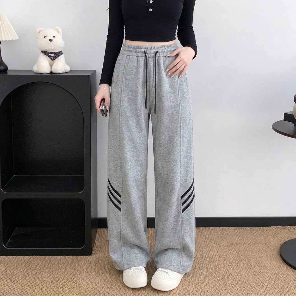 大码抽绳斜杠撞色卫裤女秋冬季新款奥粒绒宽松百搭直筒运动休闲裤