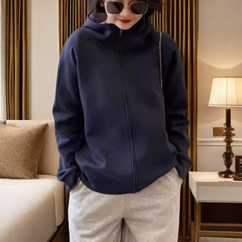 百搭大码春秋季新款休闲运动服连帽上衣藏青卫衣开衫拉链外套