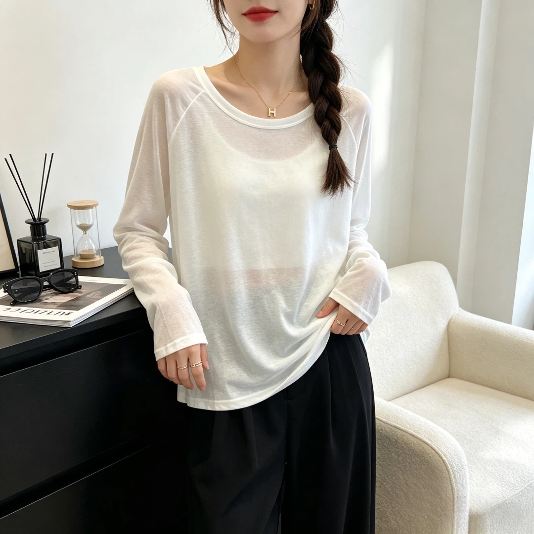 美式通勤风大码设计插肩长袖T恤女微透薄款防晒罩衫宽松显瘦上衣
