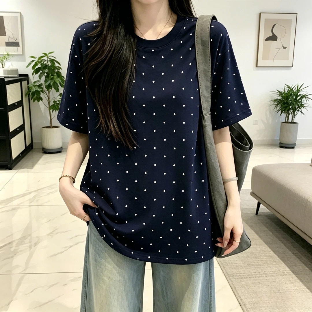 夏季波点设计感短袖圆领纯棉T恤衫韩版日常休闲大码宽松显瘦百搭