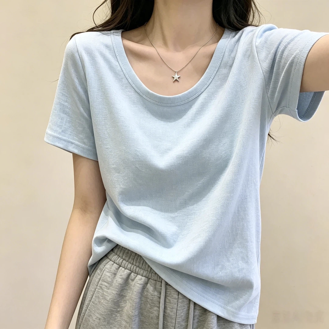 纯色正肩修身显瘦短袖t恤女圆领大码内搭打底衫夏季薄款百搭上衣