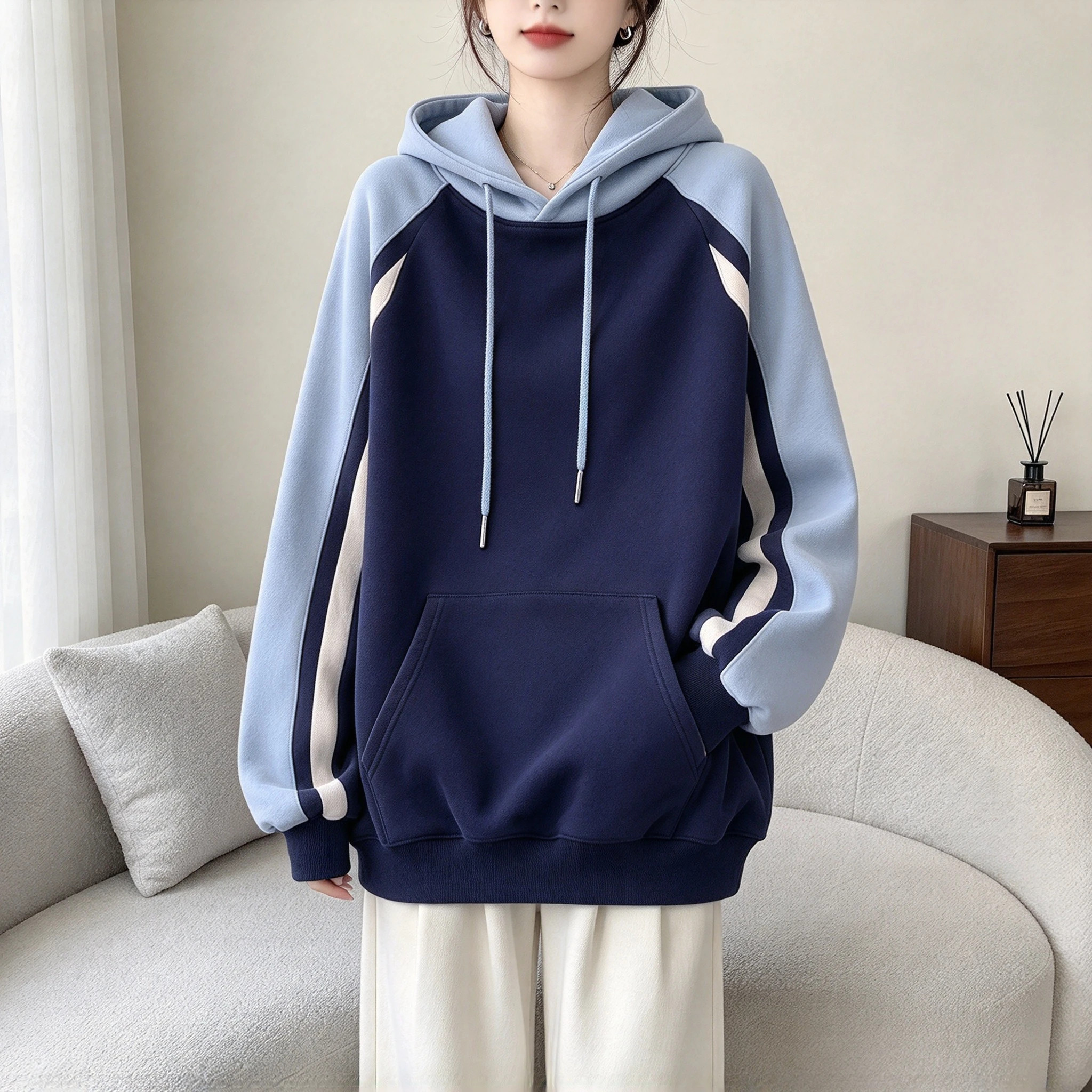 oversize宽松撞色拼接连帽套头卫衣女装春秋冬季加绒大码百搭帽衫