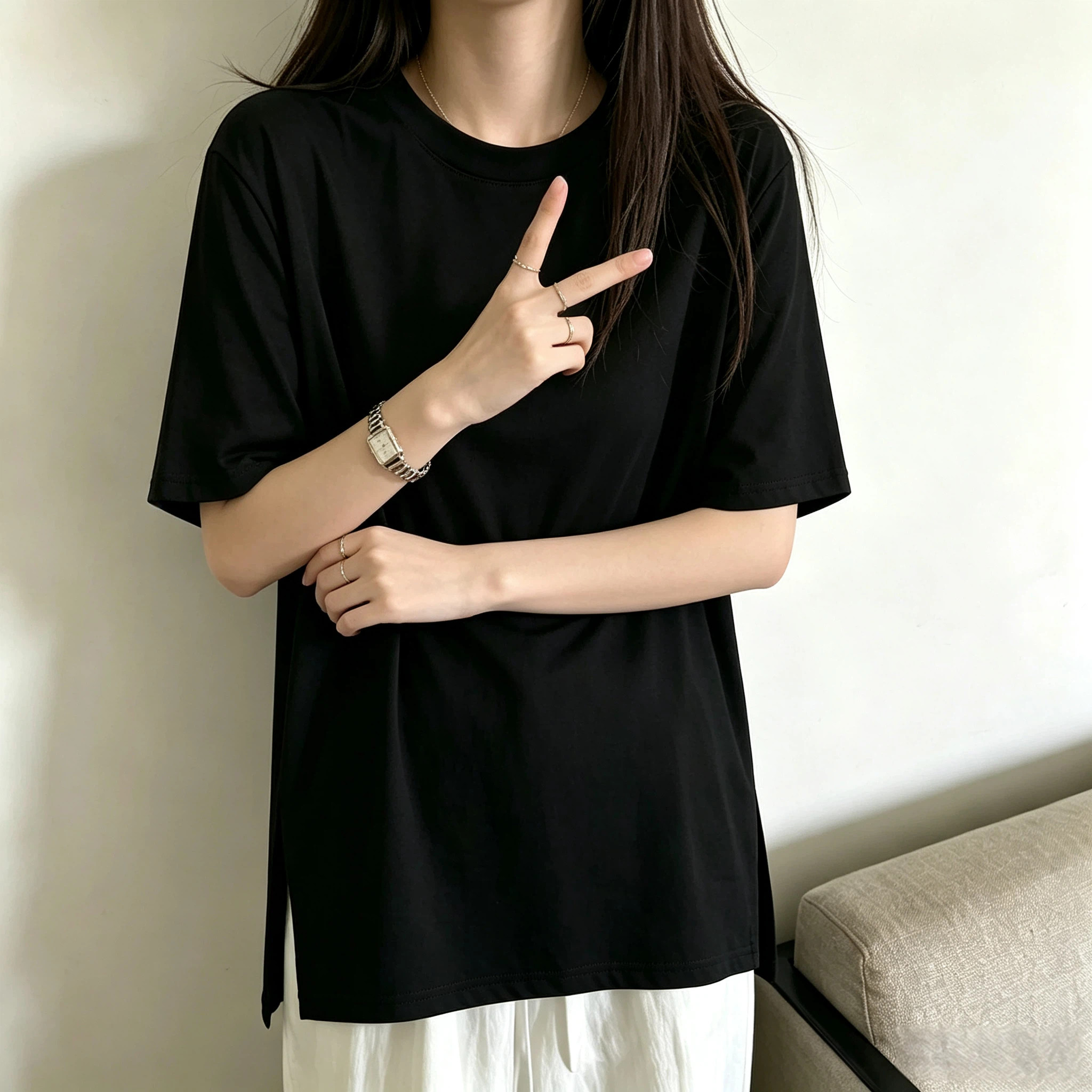 新款高级感女装夏季微胖大码宽松显瘦短袖T恤黑色中长款开叉上衣