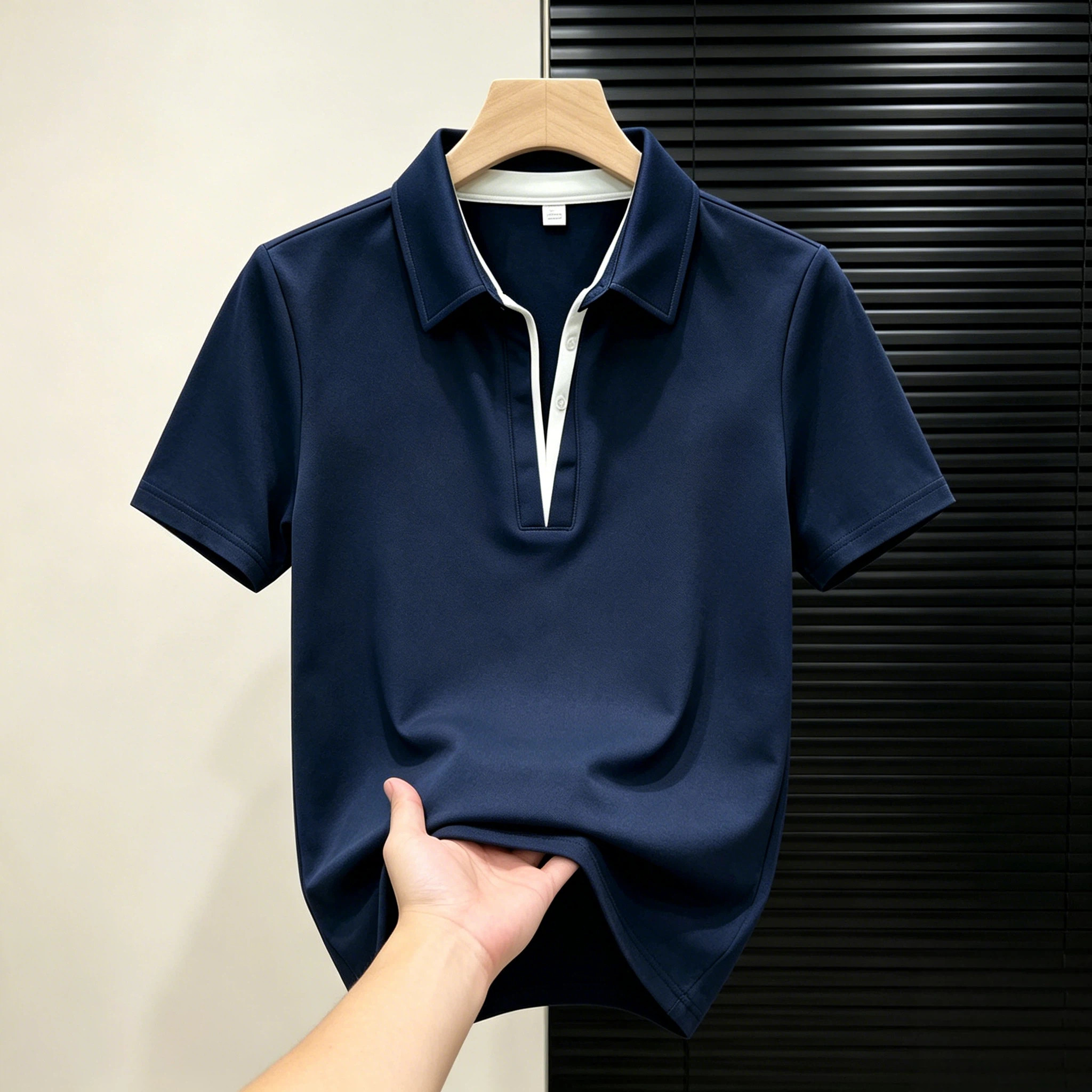夏季新款通勤风拼接显瘦短袖T恤女藏蓝色polo领大码别致正肩上衣