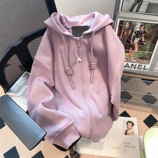紫色设计感卫衣大码300斤加绒开衫外套女小个子时尚百搭穿搭潮