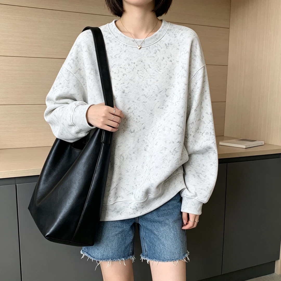 简约百搭奥粒绒无帽套头卫衣女美式复古纹理扎染圆领大码长袖卫衣