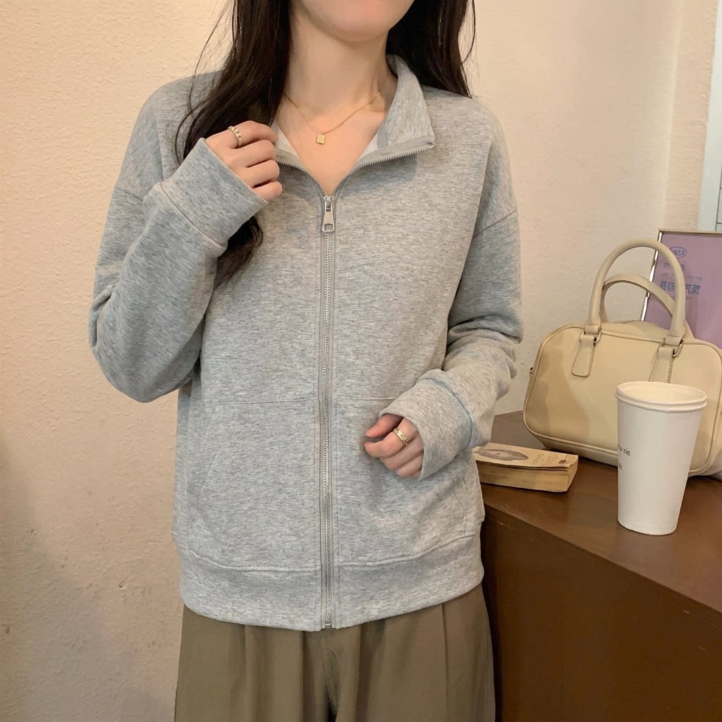 大码立领开衫外套卫衣女款春秋胖mm宽松显瘦时尚百搭长袖拉链上衣