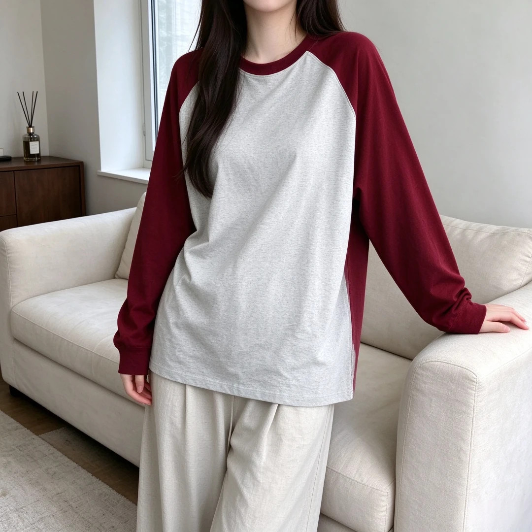 春秋季插肩圆领长袖T恤女款大码撞色打底衫ins风宽松显瘦百搭上衣