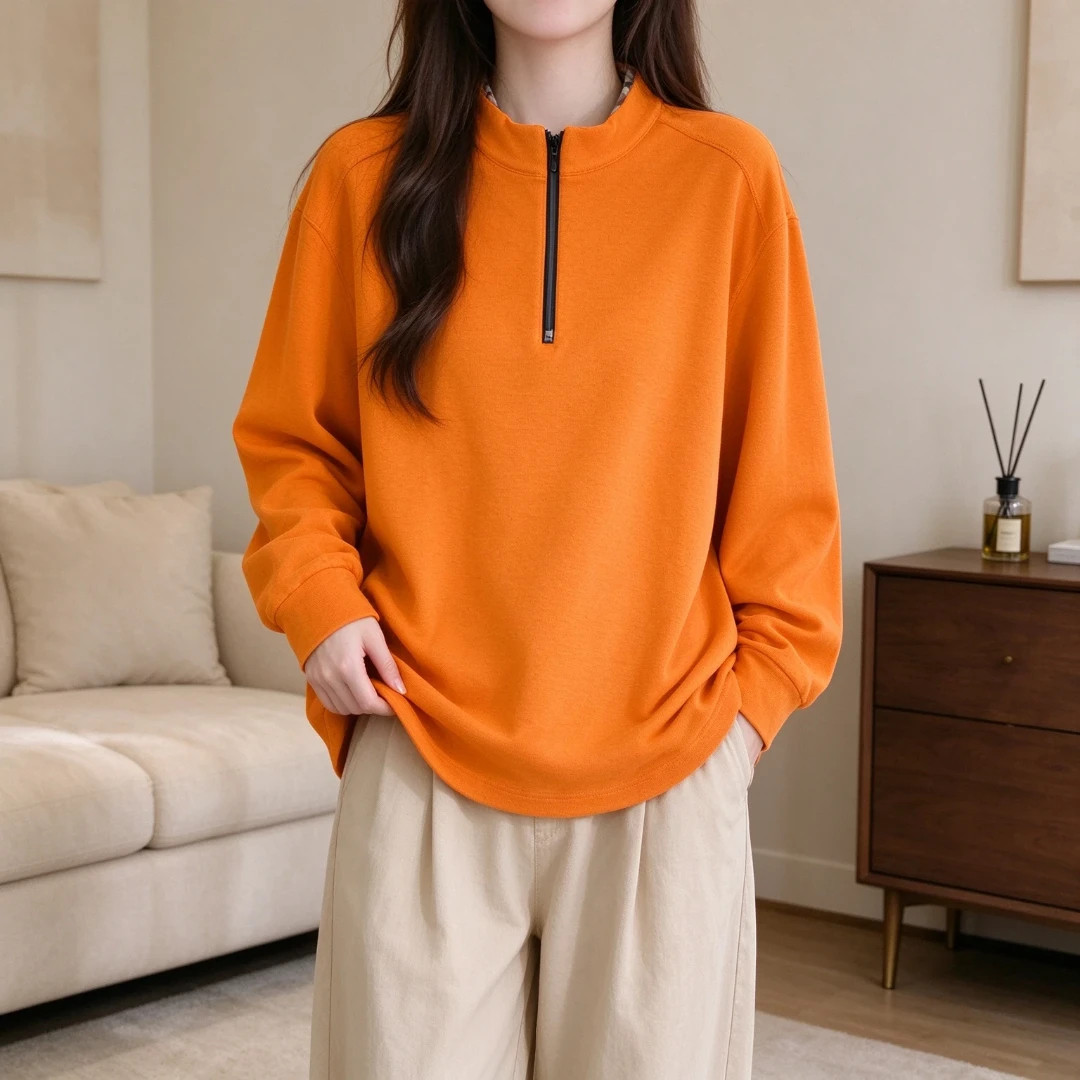 纯色立领半拉链卫衣女秋冬季新款大码ins风宽松百搭显瘦套头上衣