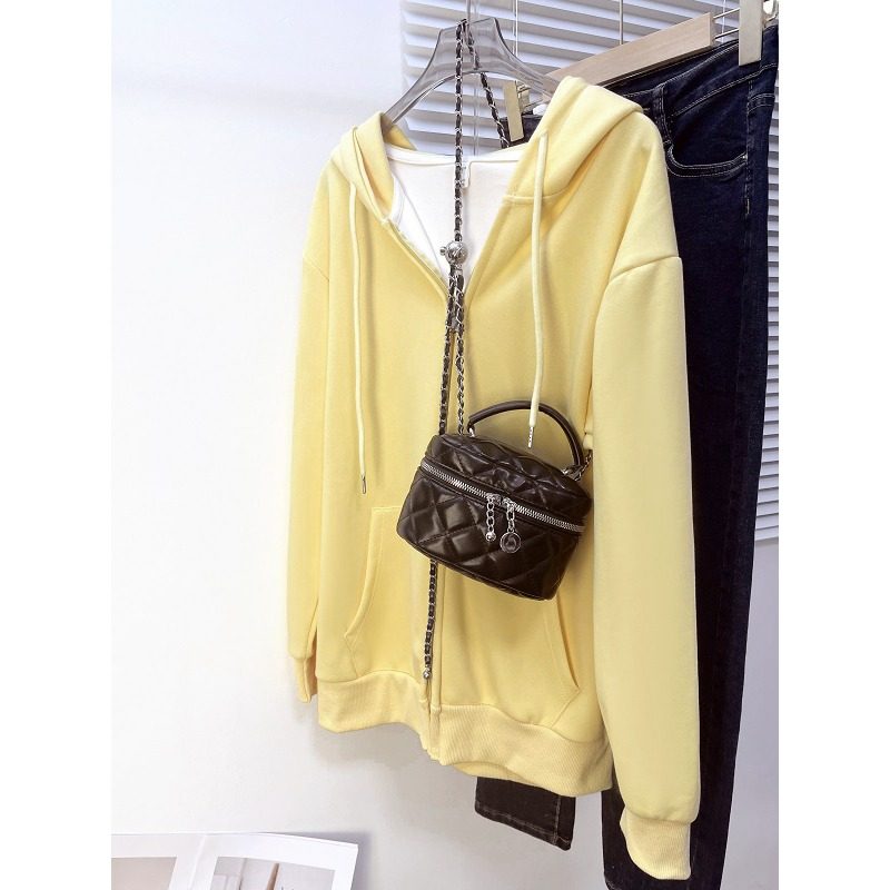 新款拉链连帽运动开衫加绒加厚黄色外套女春秋冬季大码300斤卫衣