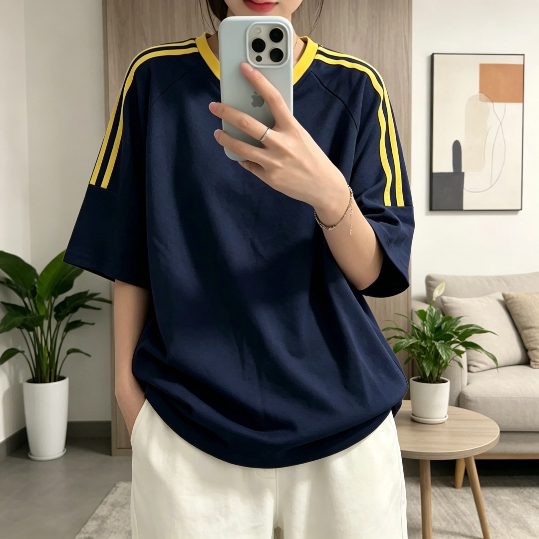 撞色V领百搭三条杆设计插肩短袖T恤男女宽松显瘦韩版休闲大码上衣