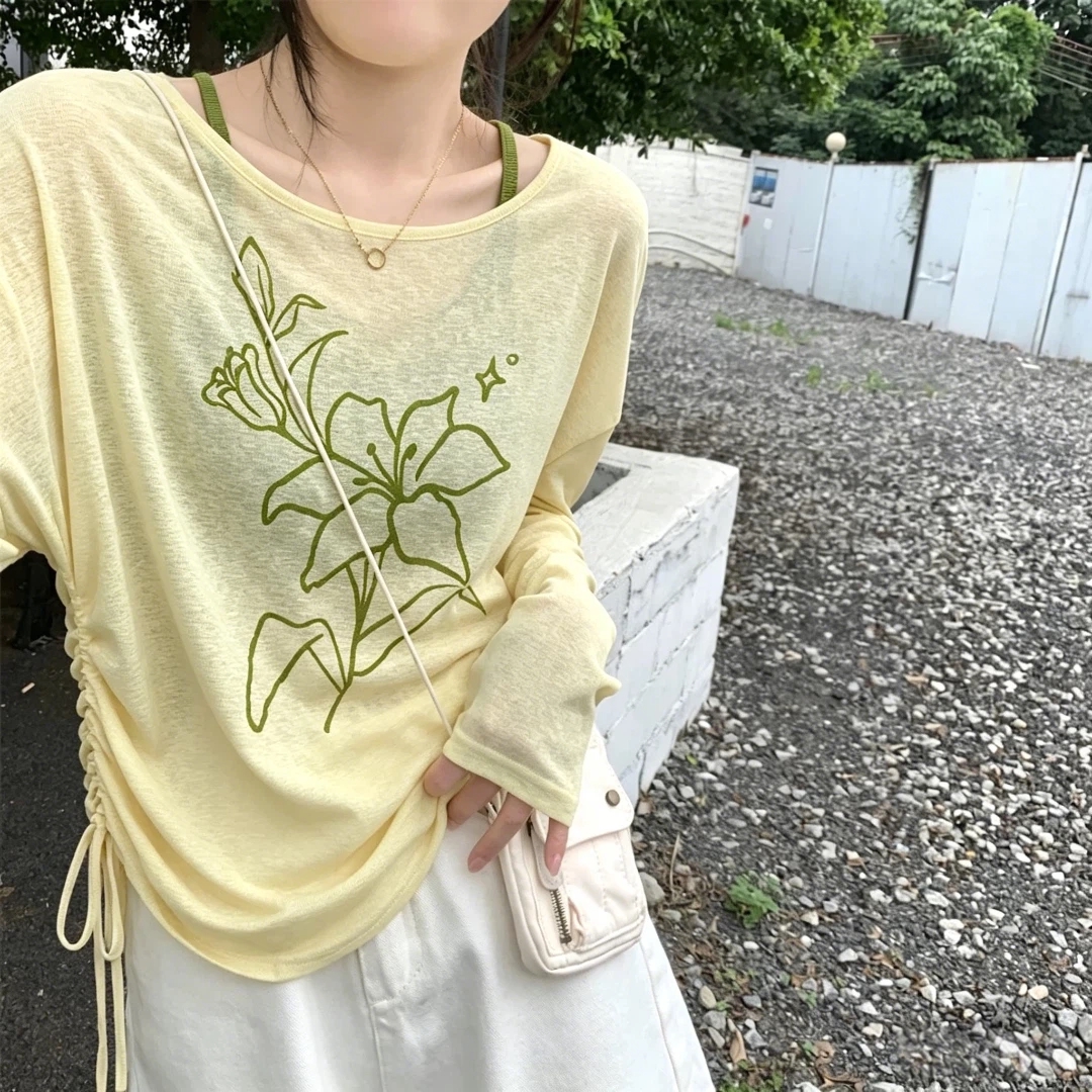 美式新款大码薄款防晒罩衫女长袖斜肩黄色上衣叠穿露肩吊带两件套