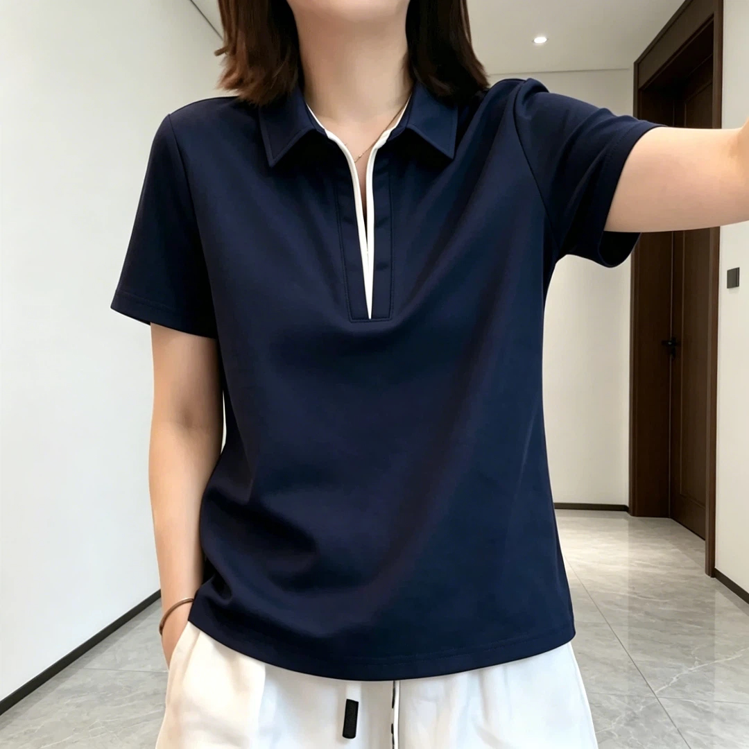 藏蓝色拼接大码短袖T恤女夏季新款胖mm遮肚子POLO领正肩显瘦上衣