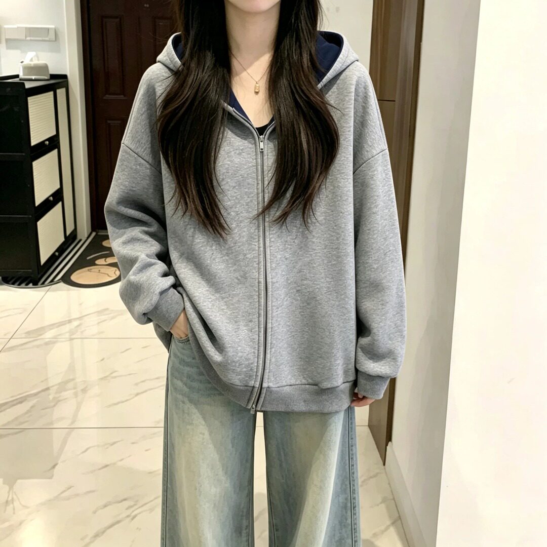 2026春秋款韩版慵懒风大码显瘦长袖卫衣双拉链宽松连帽开衫外套女