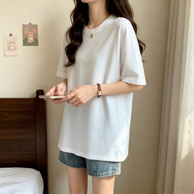 纯色圆领中长款大码宽松显瘦短袖T恤女夏季薄款休闲搭鲨鱼裤上衣