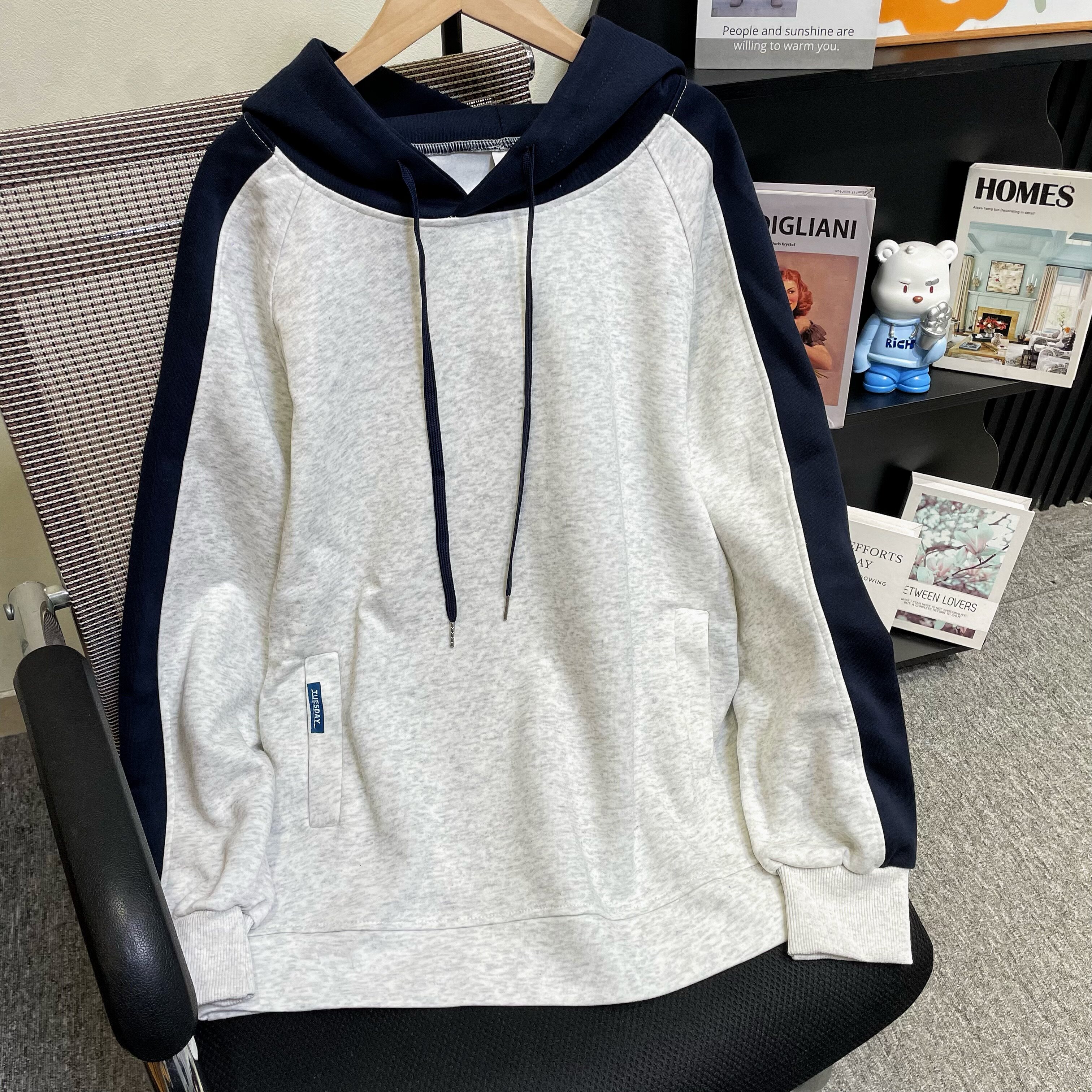 秋冬oversize大码显瘦套头女银狐绒宽松连帽长袖卫衣撞色休闲上衣