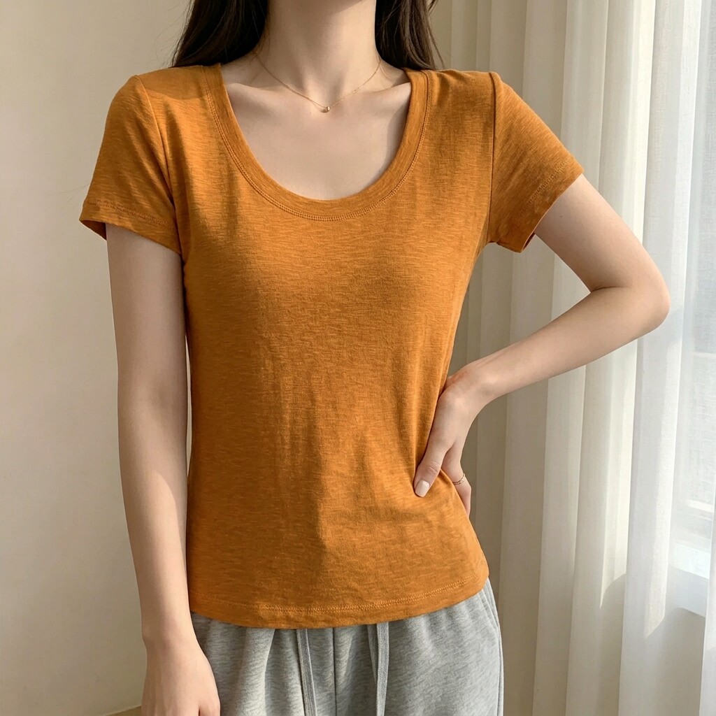 南瓜桔色显白减龄大码显瘦短袖t恤夏季美式辣妹U领纯欲风百搭上衣