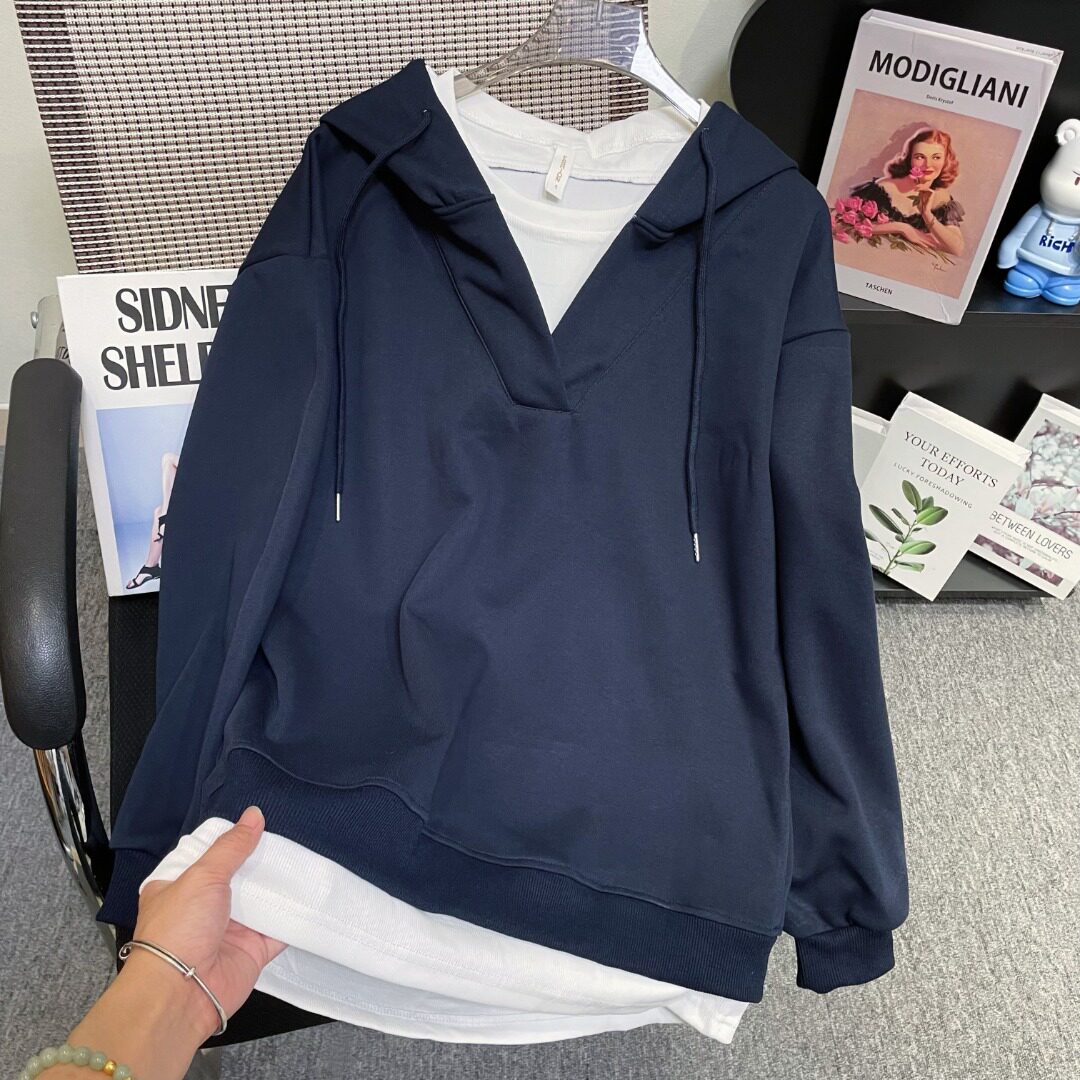韩版休闲大码假两件拼接连帽卫衣男女春秋外穿新款宽松显瘦带帽衫