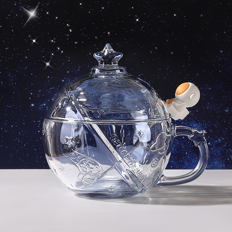 透明玻璃杯太空人星球可爱创意高颜值带盖带勺咖啡情侣水杯杯子