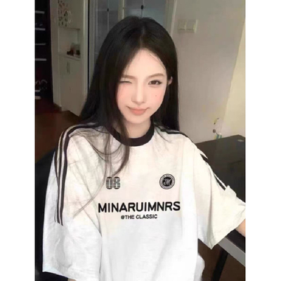 纯棉美式复古字母印花短袖t恤女夏季设计感小众宽松三条杠上衣潮