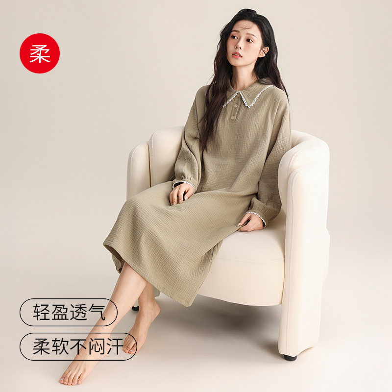双层绉布显瘦显白全棉长款花边睡裙女春夏薄款可爱长袖睡袍家居服