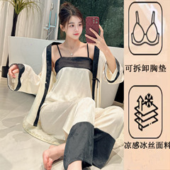 冰丝睡衣女春夏中式2025新款纯欲国风长袖带胸垫吊带三件套家居服